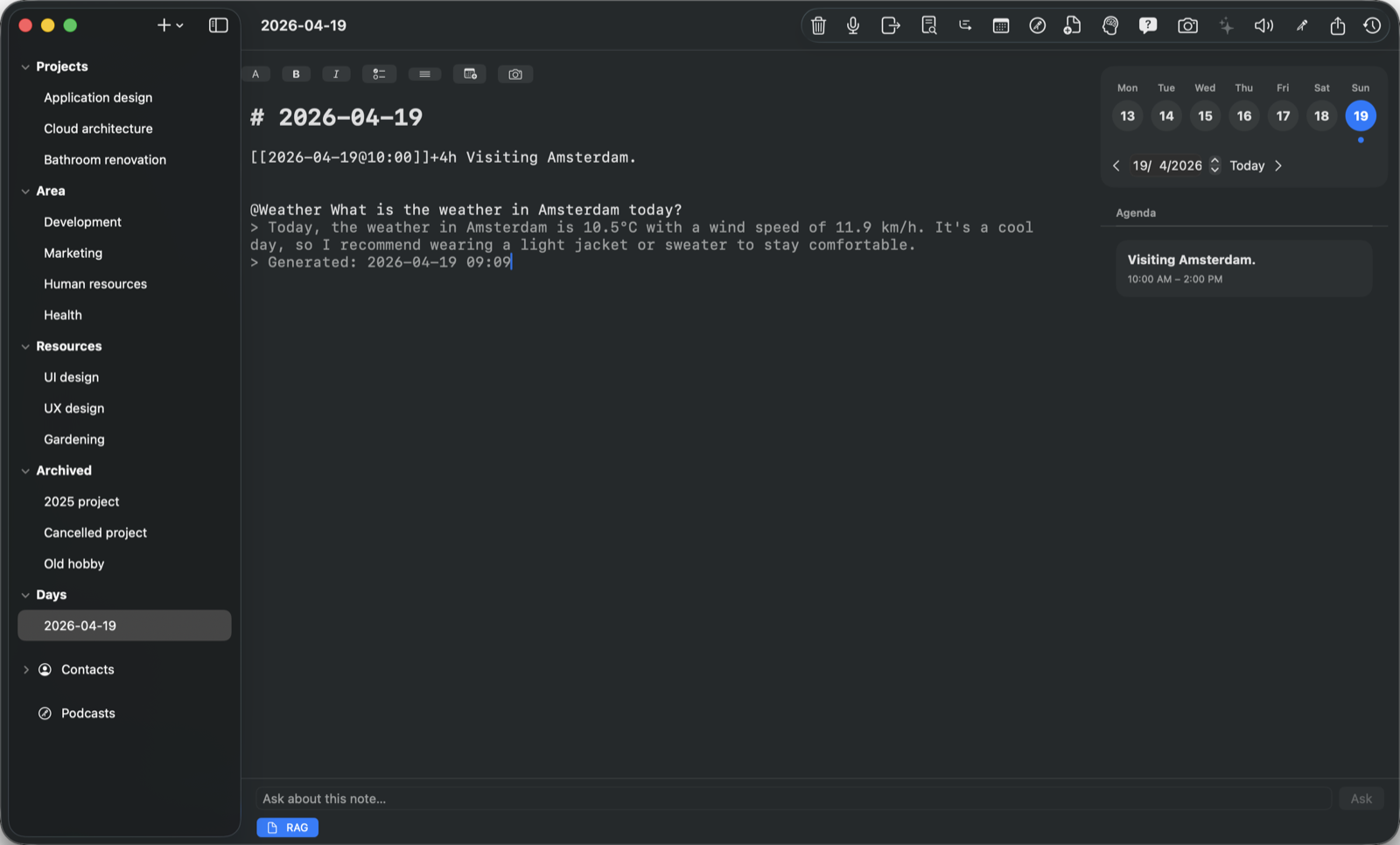 Daily note with an agenda entry and the calendar panel on macOS