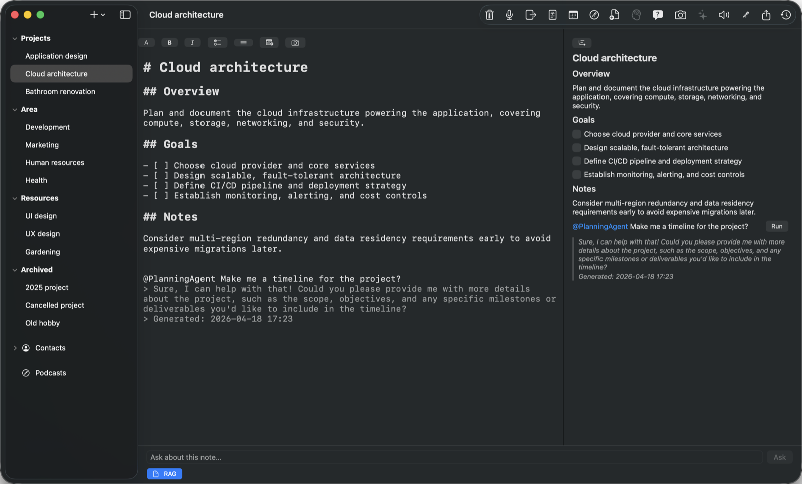 A translation agent answering inside a note on macOS