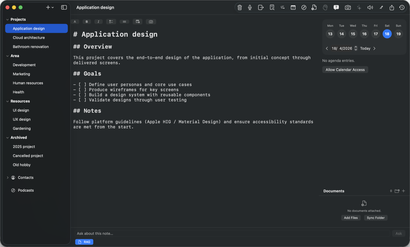 PARA folder structure in the AIDoJournal sidebar on macOS