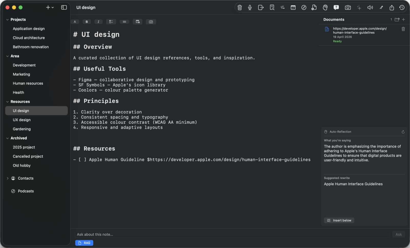 AIDoJournal on macOS: Markdown editor with linked documents and auto-reflection panels