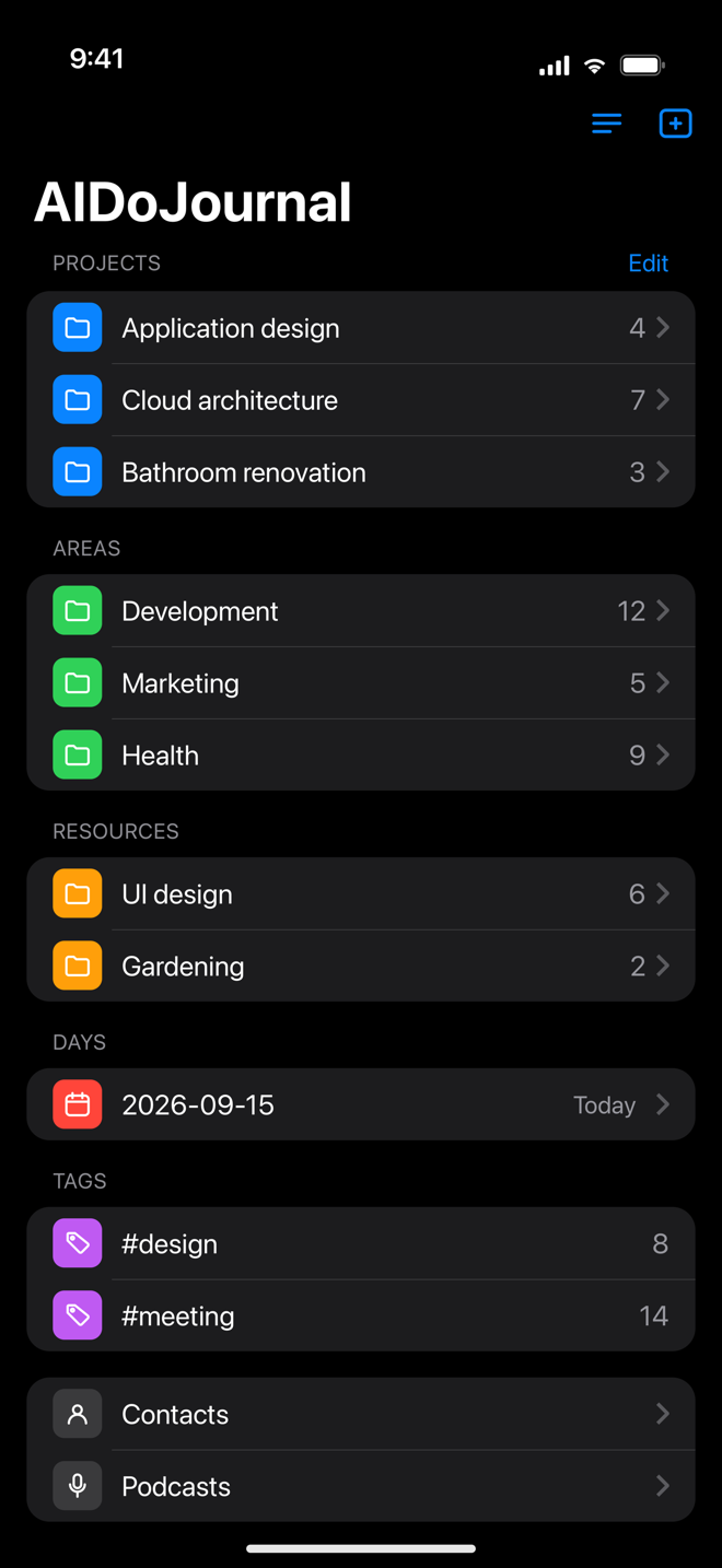 AIDoJournal library on iPhone with Projects, Areas, Resources, Days and Tags groups