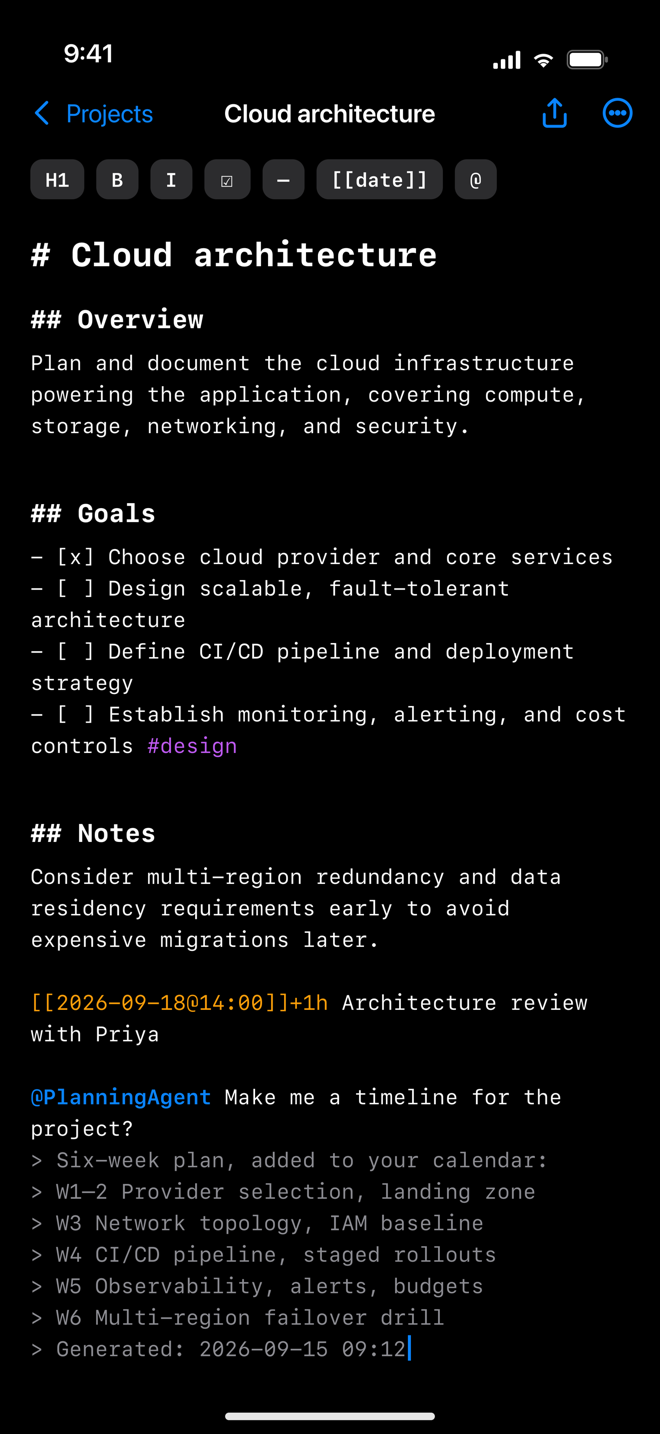 AIDoJournal on iPhone: a Markdown note about cloud architecture with an @PlanningAgent mention answered by an on-device six-week timeline