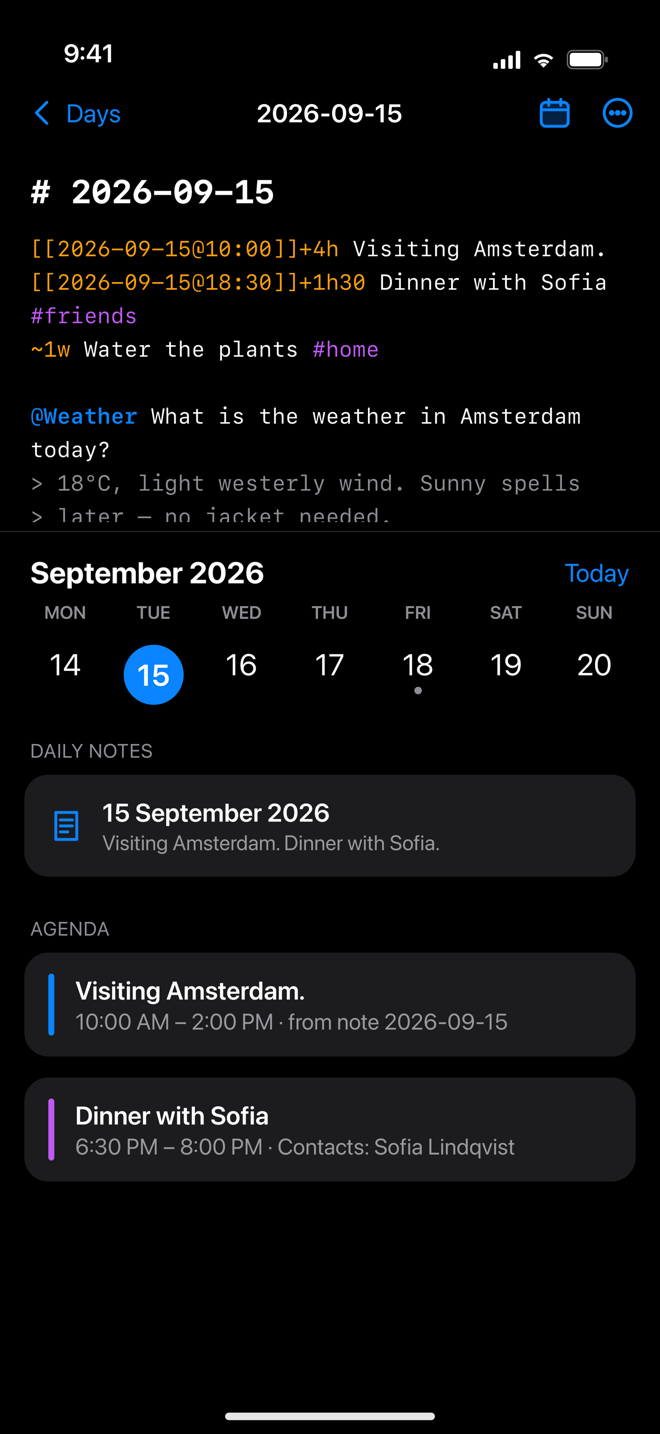Daily note on iPhone with agenda entries and a weekly calendar