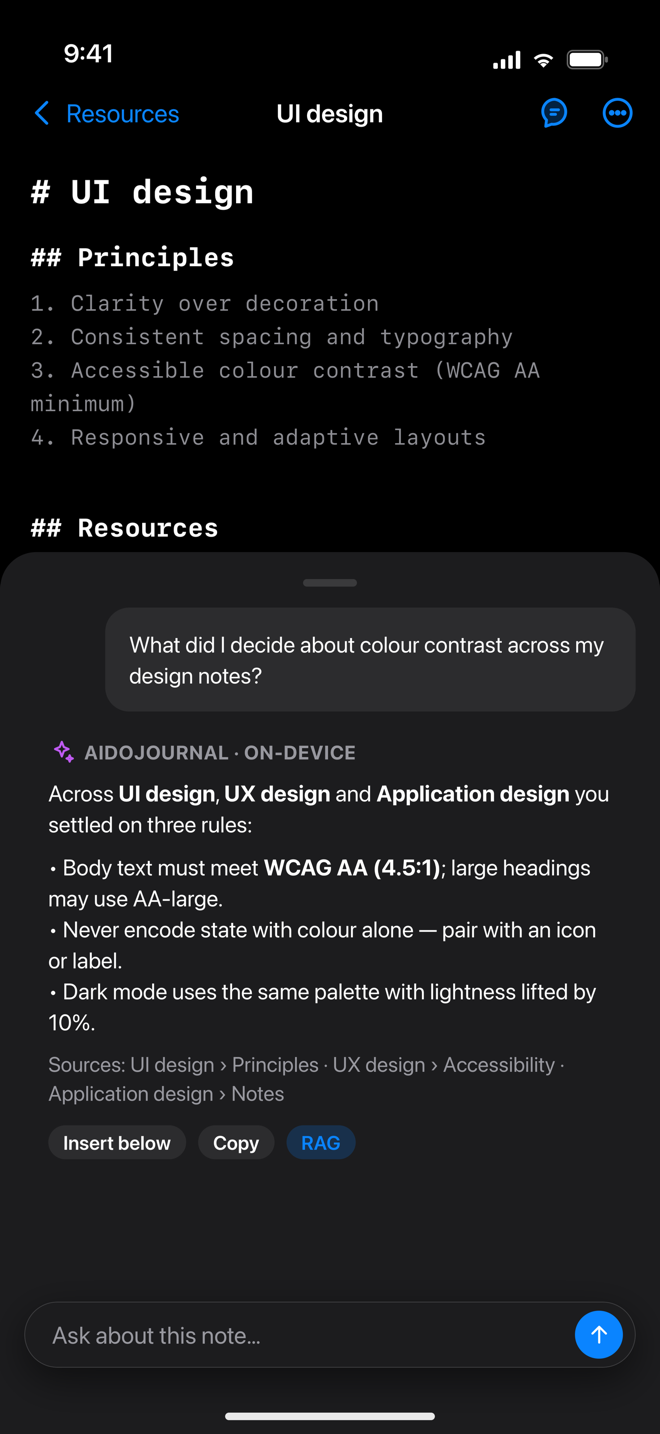 Ask panel on iPhone answering a question with sources from three notes