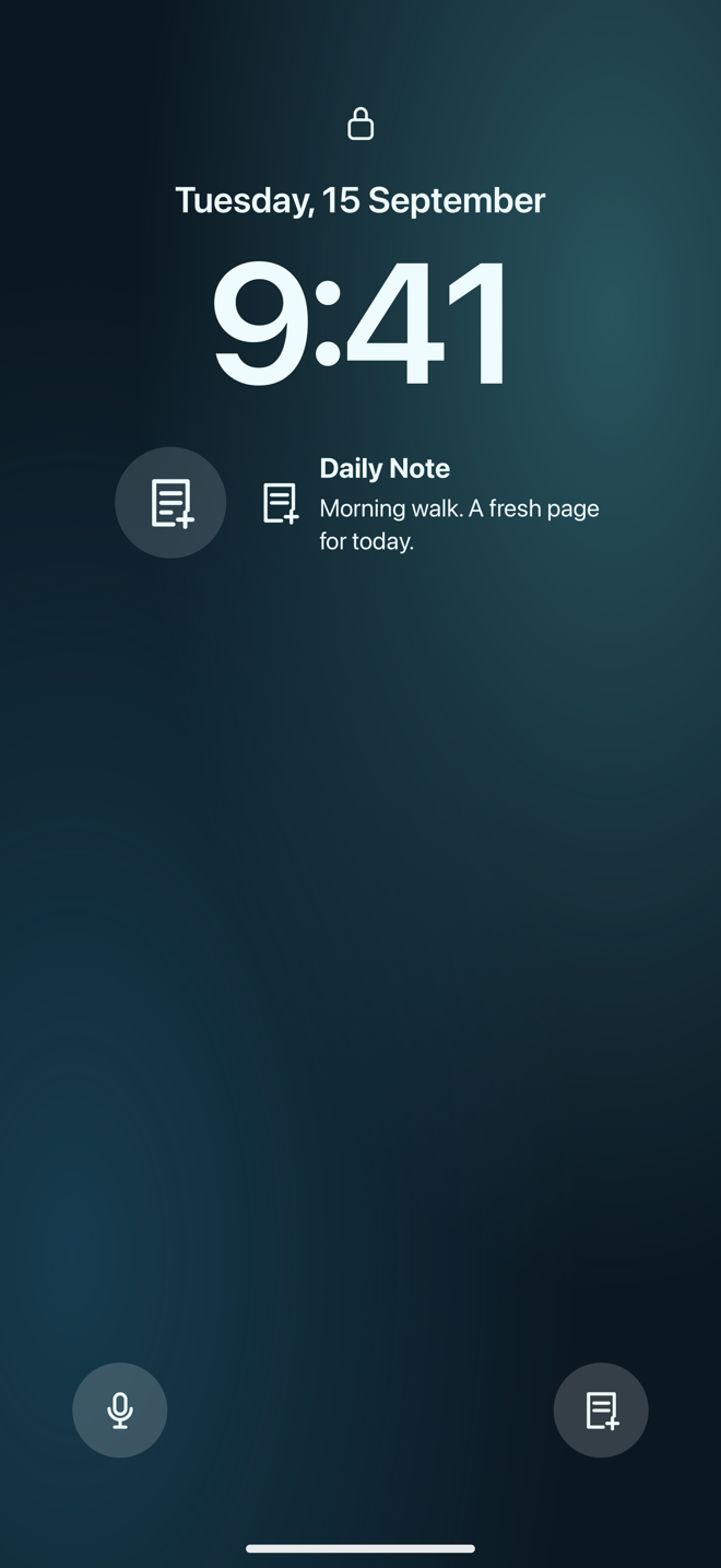 Illustration of AIDoJournal Daily Note widgets and Record Note and Daily Note Lock Screen controls