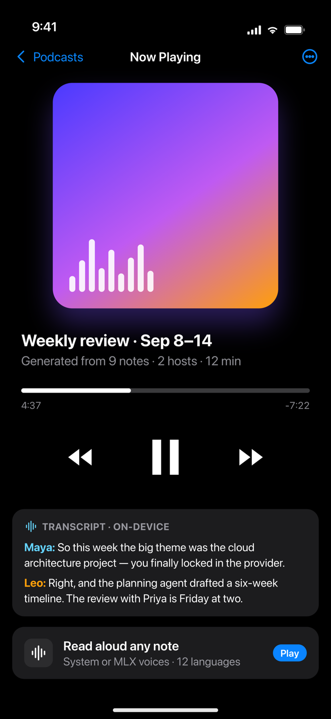 Podcast player on iPhone playing a generated weekly review with transcript