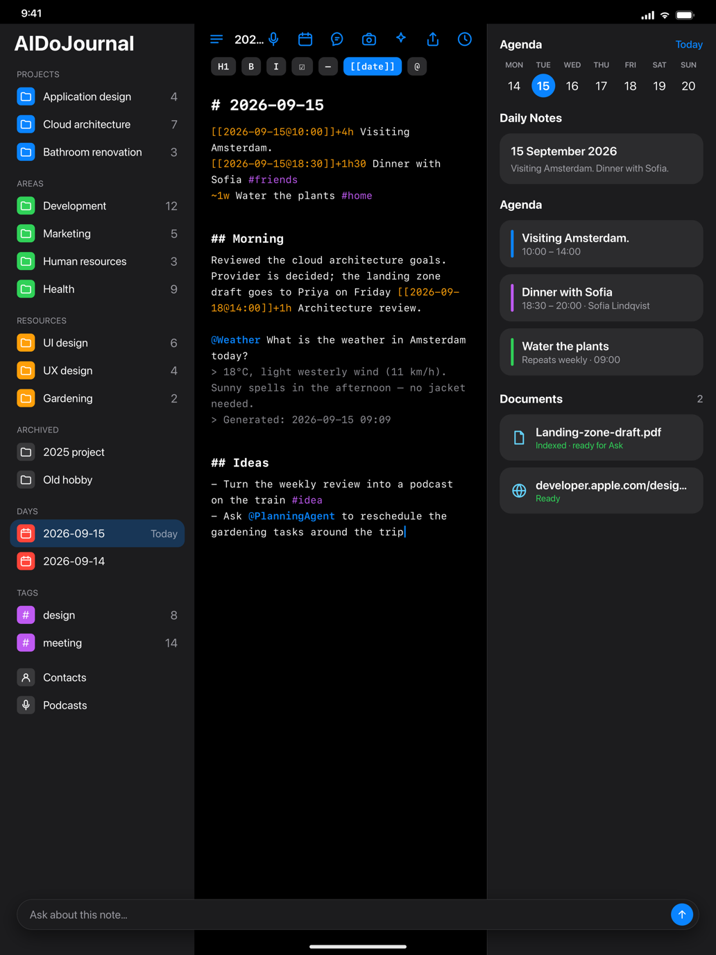 AIDoJournal on iPad showing sidebar, Markdown editor and agenda inspector